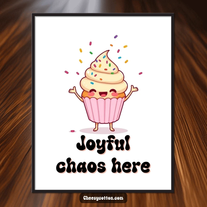 Funny, vibrant digital art print of a cupcake character juggling sprinkles, ready to be framed and displayed.