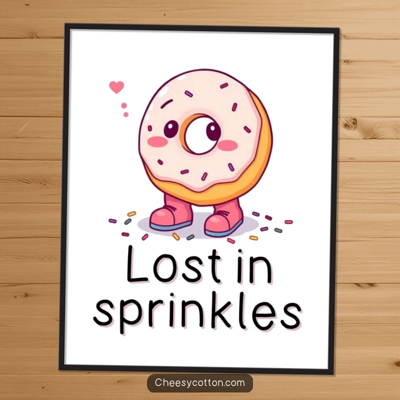 Funny digital art print of a confused donut character adorably wearing tiny boots and stepping into colorful sprinkles, delivering instant sweetness and humor.