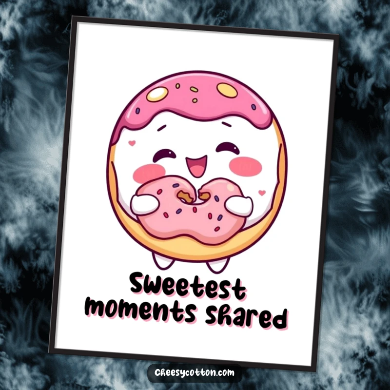 Funny donut character captured joyfully sharing a donut, offered as a downloadable digital art print.