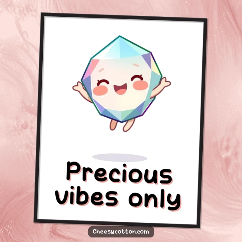 Funny digital art print of a cute, giggling gemstone character bouncing with pure joy, offering instant decorative happiness and humor.