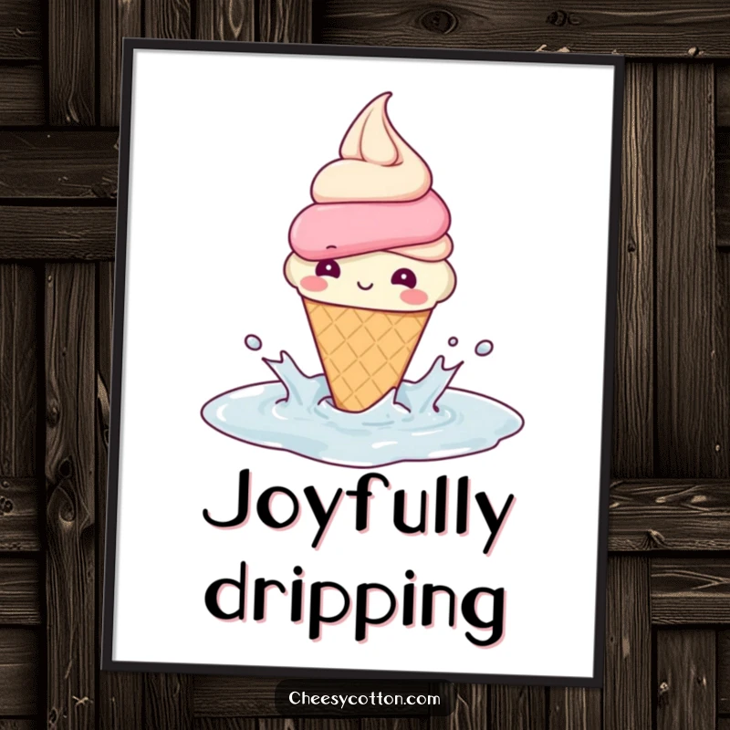 Funny Digital Art Print: A beaming ice cream cone splashing in a puddle creates a sweet, joyful, and playful visual for instant decor.