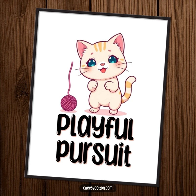 Funny Digital Art Print of a cute kawaii cat character playfully swatting a dangling yarn ball, bringing instant charm and fun.