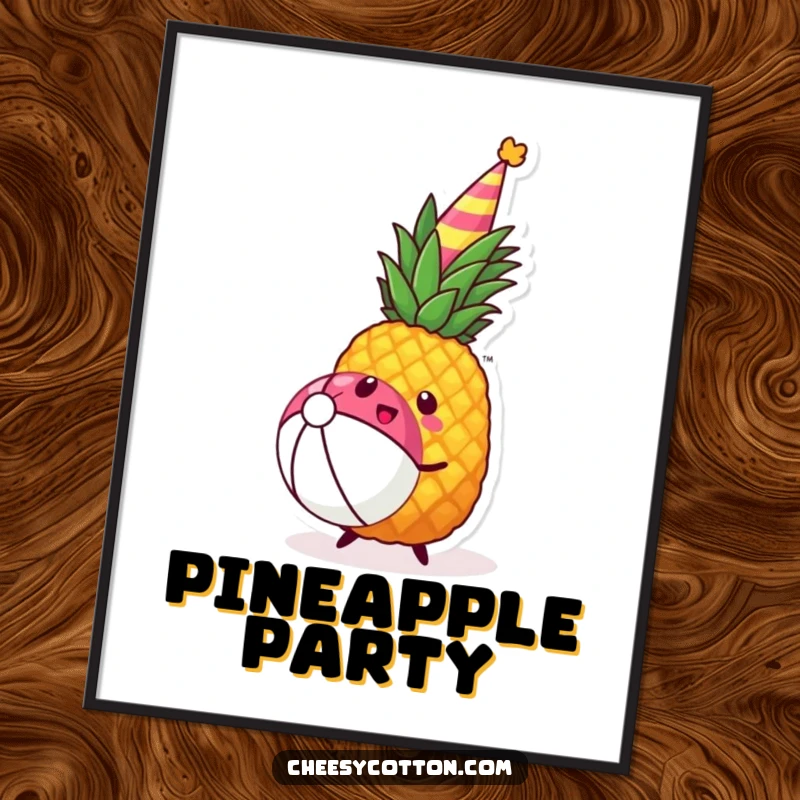 Funny kawaii pineapple wearing a party hat joyfully bouncing a beach ball, instantly printable digital art.