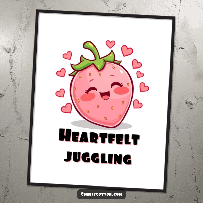Funny kawaii strawberry giggling and juggling hearts, available as a downloadable digital art print for instant loving decor.
