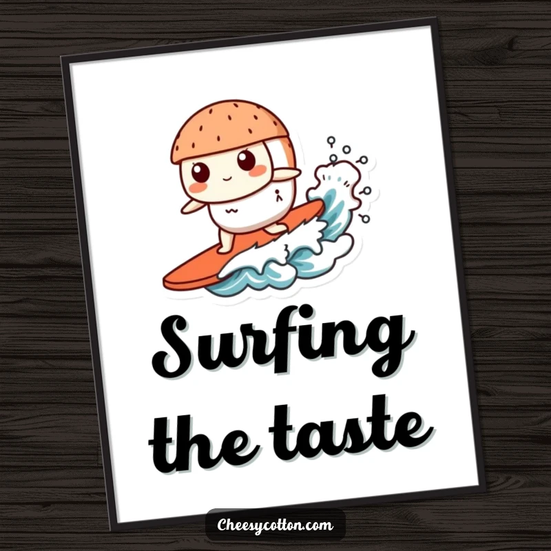 Funny Kawaii Sushi Digital Art: A high-resolution image of a cute kawaii sushi character confidently surfing a small, stylized wave.