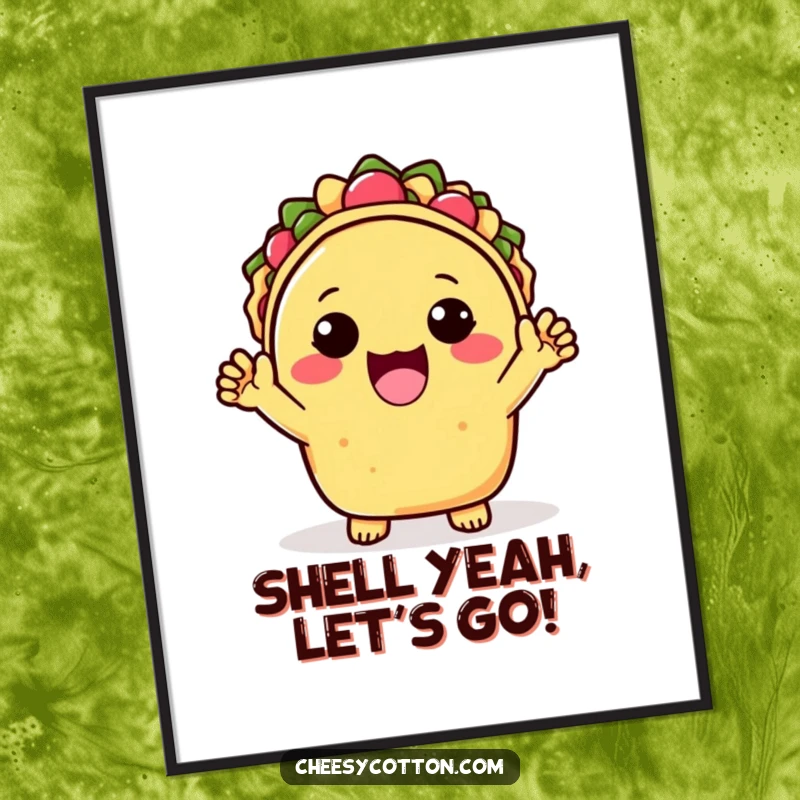 Funny Digital Art Print of a kawaii taco character enthusiastically cheering with both hands, a vibrant and cheerful piece.