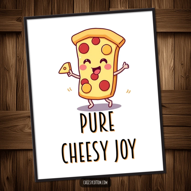 Funny kawaii pizza slice character dancing with cheese, available as a downloadable funny art print.