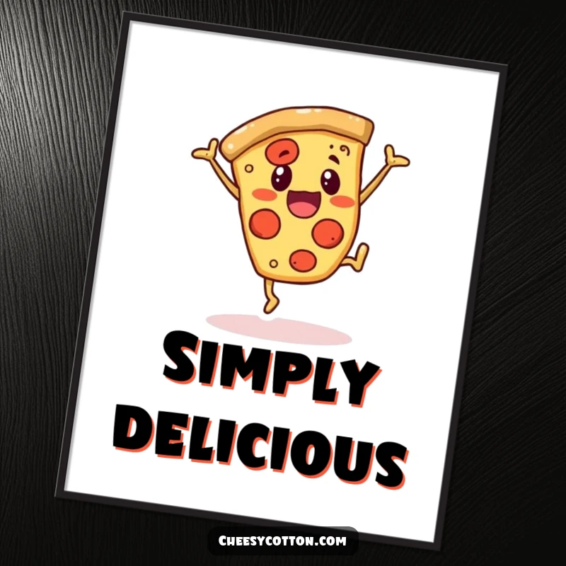 Funny digital art print of a cheerful pizza slice character doing a cartwheel, providing instant decorative fun and humor.