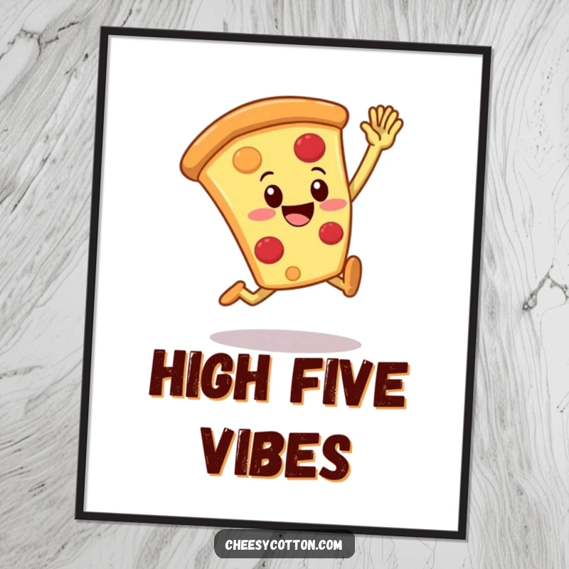 Funny, joyful digital art print of a pizza slice character leaping for a high five, ready to brighten any room.