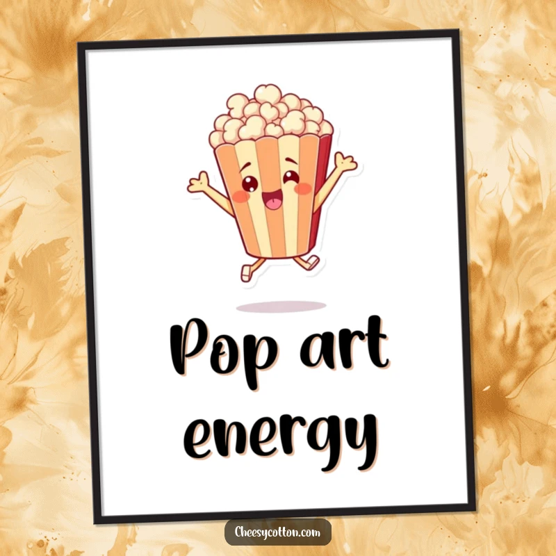 Funny digital art print of a cheerful popcorn bag character in an energetic leap, perfect for bringing movie vibes home.