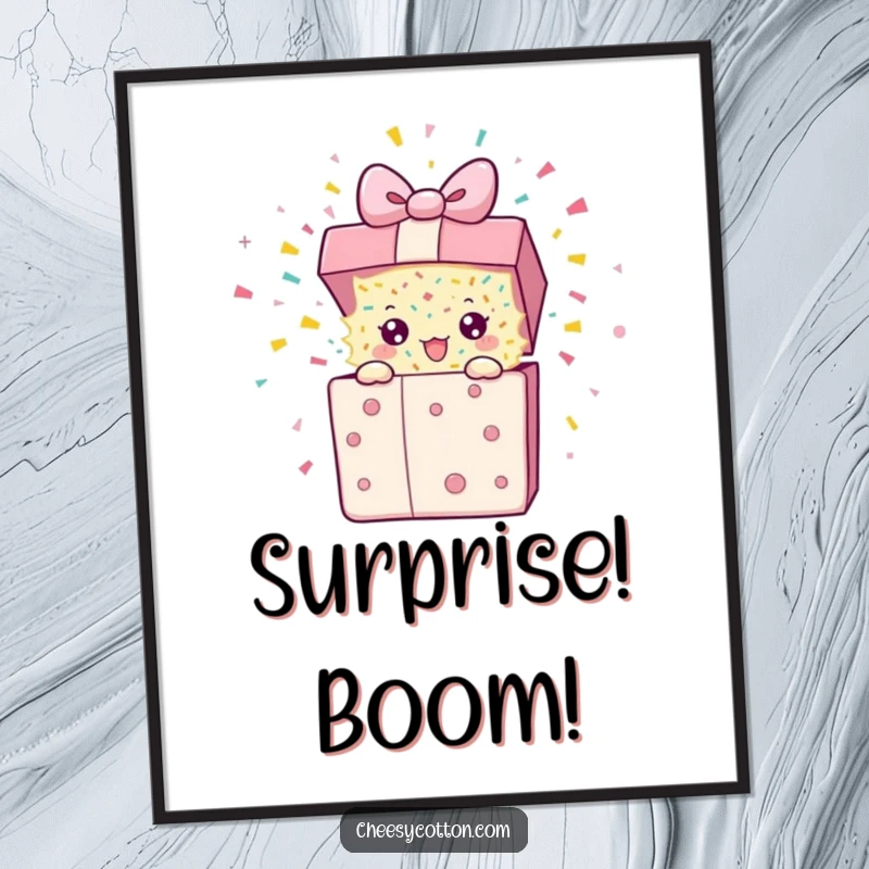 Funny Digital Art Print of a present character erupting with confetti, offering instant humorous and festive wall decor.