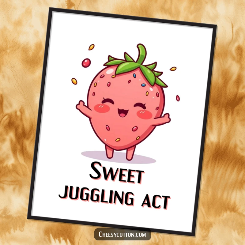 Funny Strawberry Sprinkle Digital Art Print: High-resolution image of a blushing strawberry character juggling three colorful sprinkles.