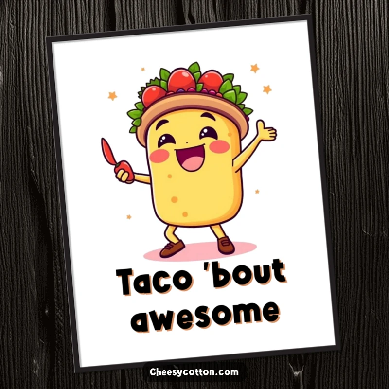 Funny digital art print of a happy taco character dancing with a chili pepper, bringing instant fiesta celebration to any space.