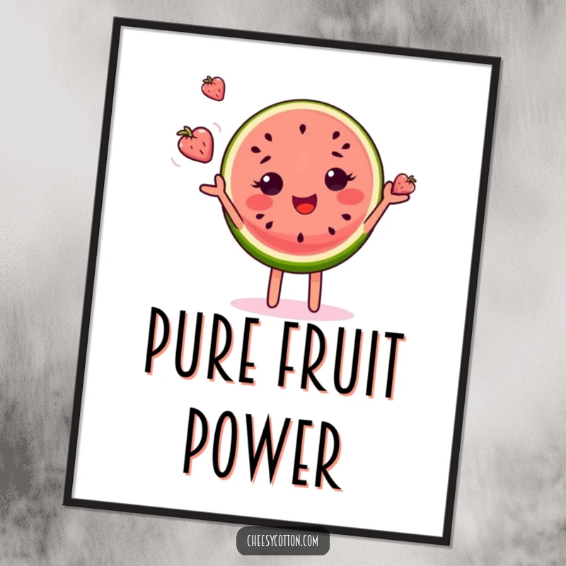 Funny digital art print of a delighted watermelon slice character joyfully juggling tiny fruits, perfect for vibrant home decor.