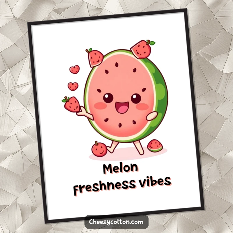 Funny digital art print of a delighted watermelon slice character juggling fruits, perfect for instant decor.