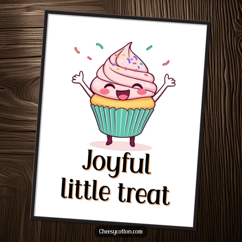 Funny digital art print of a delighted cupcake doing a lively dance with a cheerful explosion of colorful sprinkles.
