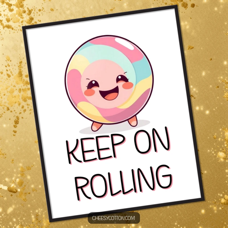 Funny Digital Art Print of a happy, round candy character rolling along with a big smile, a sweet and cheerful piece.