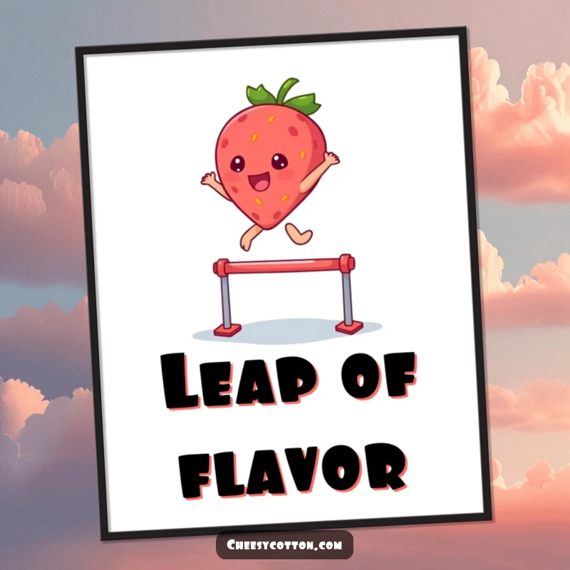 Funny digital art print of a kawaii strawberry character leaping joyfully over a small hurdle, embodying sweet determination.