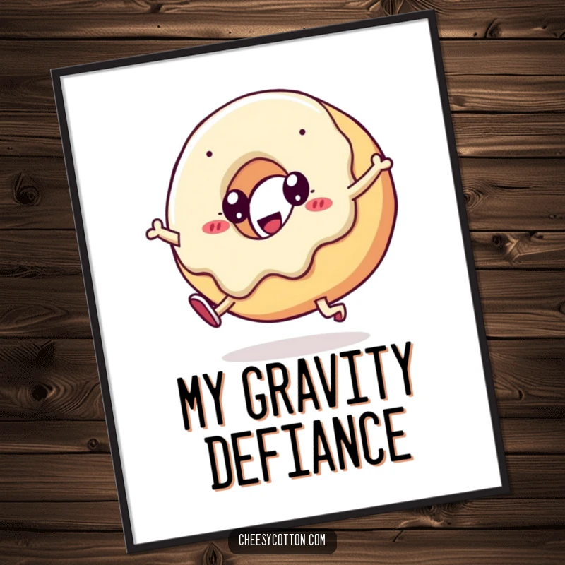 Funny kawaii doughnut performing an energetic cartwheel, available as a downloadable digital art print for immediate humorous decor.