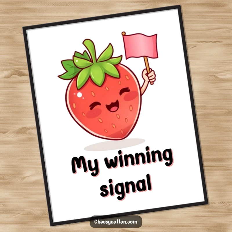 Funny digital art print of a cute strawberry character enthusiastically waving a tiny flag, offering a burst of instant joy and color.
