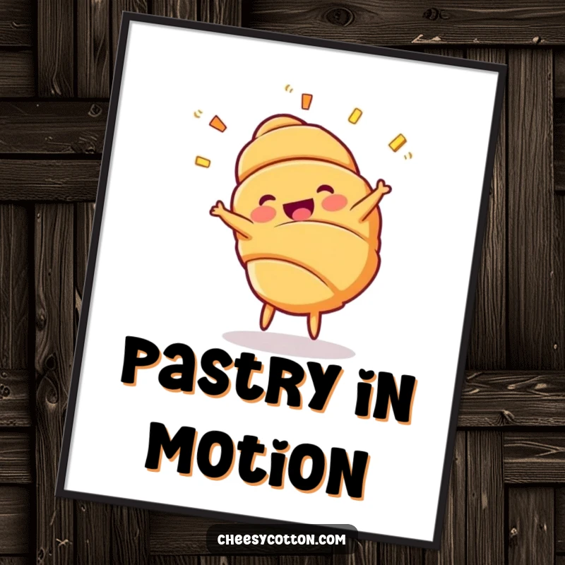 Funny Croissant Cartwheel Digital Art Print: High-resolution image of a cheerful croissant character mid-cartwheel with flaky layers flying.
