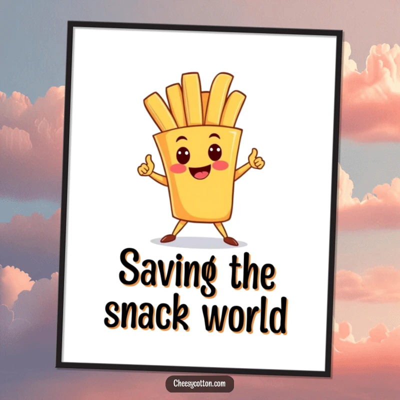 Funny digital art print of a happy french fry character striking a superhero pose, bringing instant heroic energy and fun.