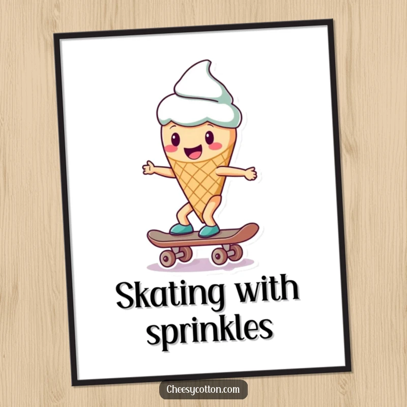 Funny ice cream cone character captured skateboarding, offered as a downloadable digital art print.
