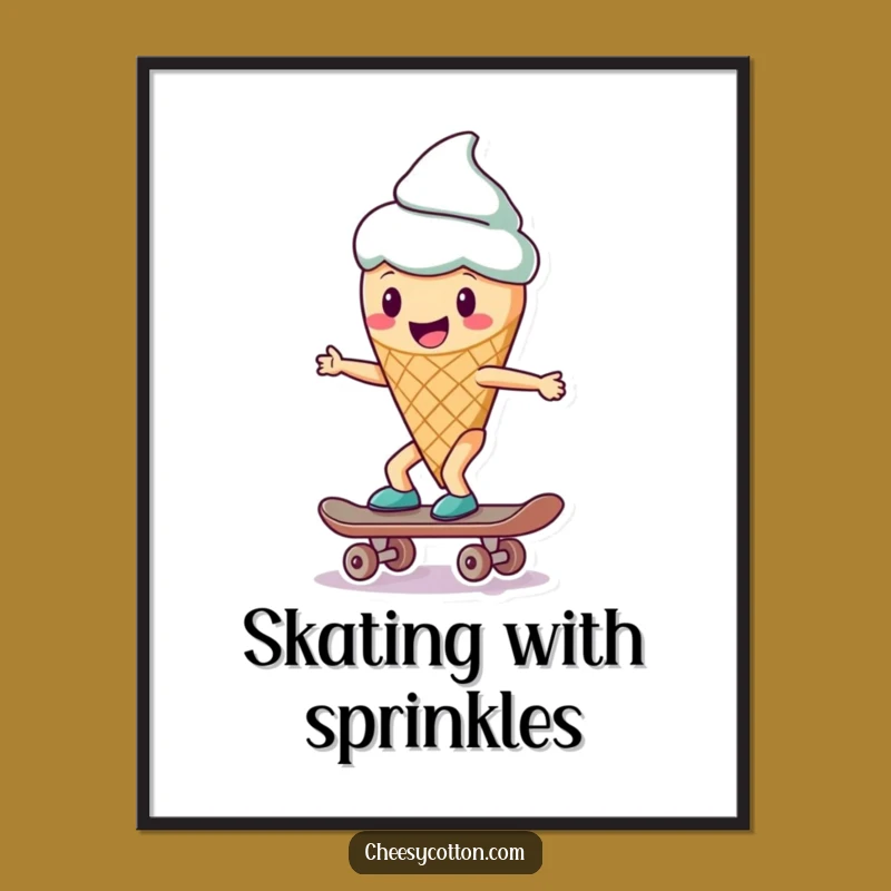 Funny Ice Cream Skateboard Digital Art: High-Quality, Cool Character Print