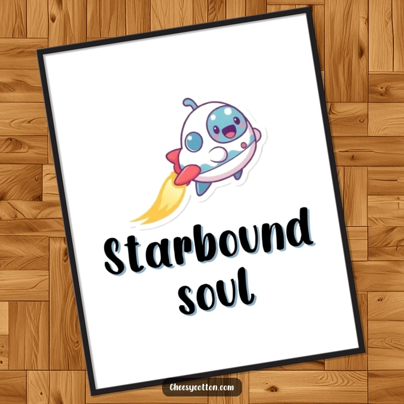 Funny digital art print of a tiny, excited spaceship character leaving a shimmering trail, delivering instant cosmic humor and visual delight.