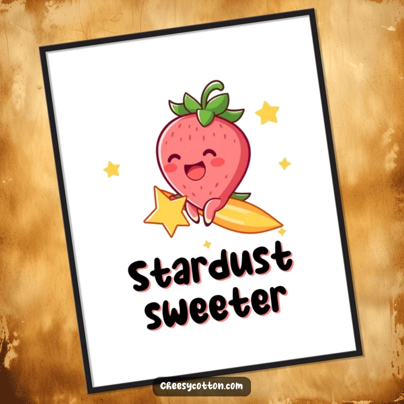 Funny digital art print of a cheerful strawberry character, excitedly riding a shooting star, a picture of pure cosmic delight.