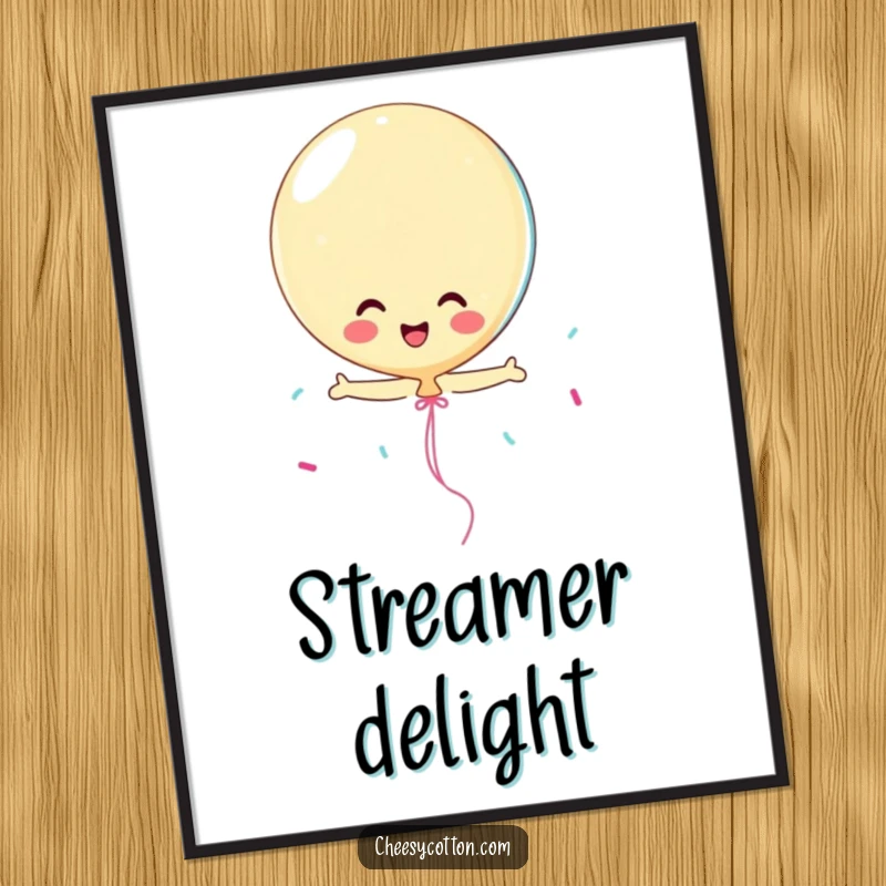 Funny playful balloon character with streamers, instant humorous digital art print for parties and celebrations.