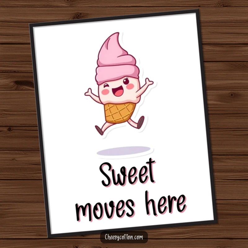 Funny, vibrant digital art print of an ice cream cone character doing a cartwheel, ready to bring sweet vibes.