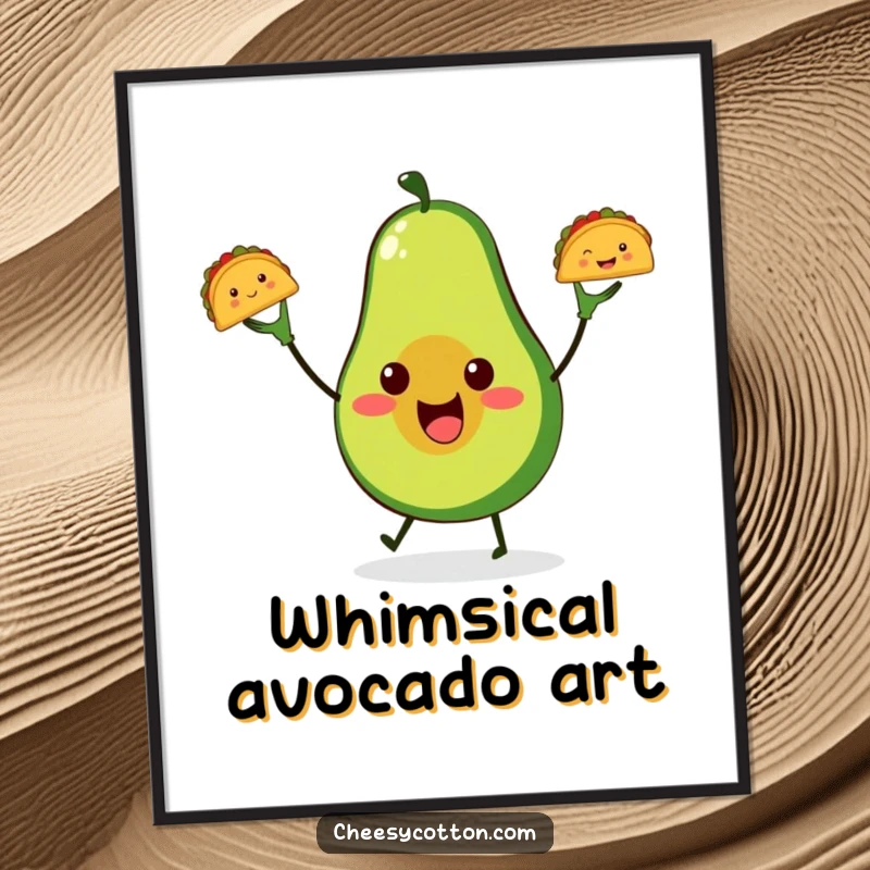Funny avocado taco juggling digital art print, depicting a cute avocado juggling tacos, ready to liven up any room.