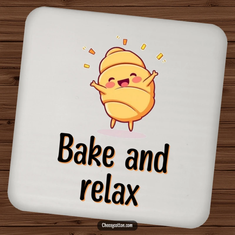 Funny Croissant Cartwheel Coaster: A coaster featuring a cheerful croissant character doing a cartwheel with layers flying.