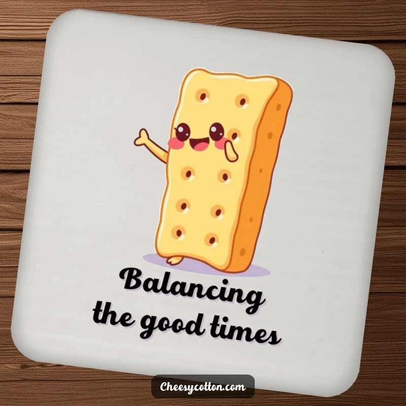 Funny Drink Coasters featuring a cheesy cracker balancing on its corner with pure glee, protecting surfaces with humorous charm.
