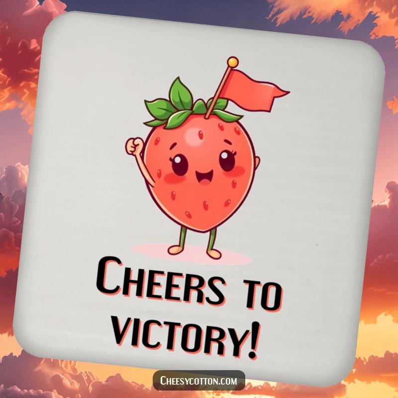 Funny strawberry character waving a flag on a protective drink coaster, enhancing table decor with humor.