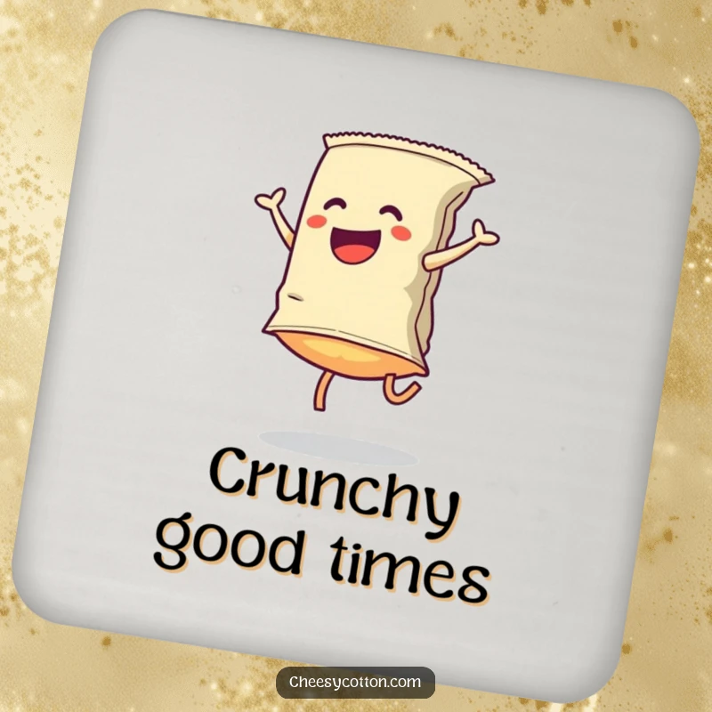 Funny Coasters: Chip bags doing cartwheels add playful, energetic flair to drink coasters, protecting surfaces with snack-themed humor.