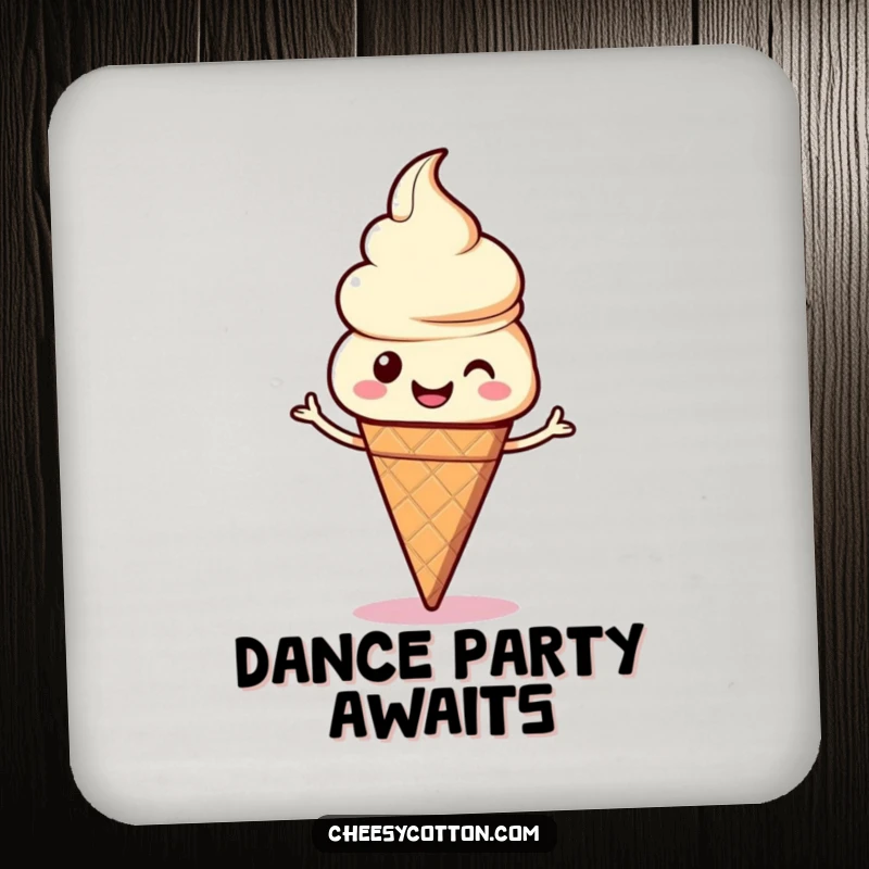 Funny kawaii ice cream cone dancing happily, designed as a humorous coaster to protect surfaces from drinks.