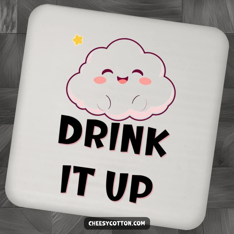 Funny Kawaii Cloud Coasters: Cute, giggling kawaii cloud characters protecting surfaces, adding a touch of whimsical decor.