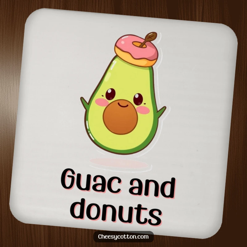 Funny Avocado Donut Coaster: A coaster featuring a smiling avocado character balancing a small donut on its head.