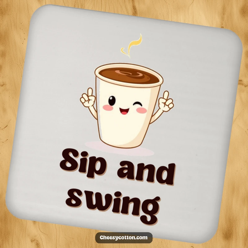 Funny coaster featuring a cheerful coffee cup character doing jazz hands, adding a festive touch to drink settings.