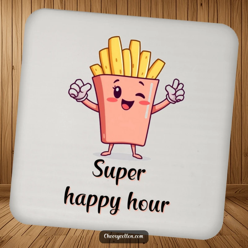 Funny french fry character in a superhero pose on a protective drink coaster, adding heroic flair to surfaces.