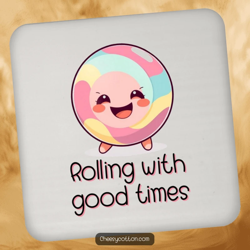 Funny Drink Coasters featuring a happy, round candy rolling along with a big smile, protecting surfaces with sweet, cheerful flair.