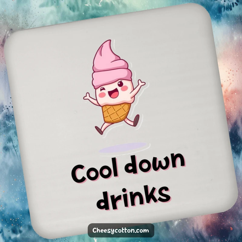 Funny ice cream cone character doing a cartwheel on a protective drink coaster, adding sweet humor to surfaces.