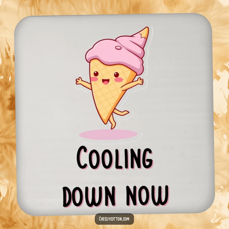 Funny coaster with a cute ice cream cone character doing a cartwheel, offering sweet protection with a playful and fun design.