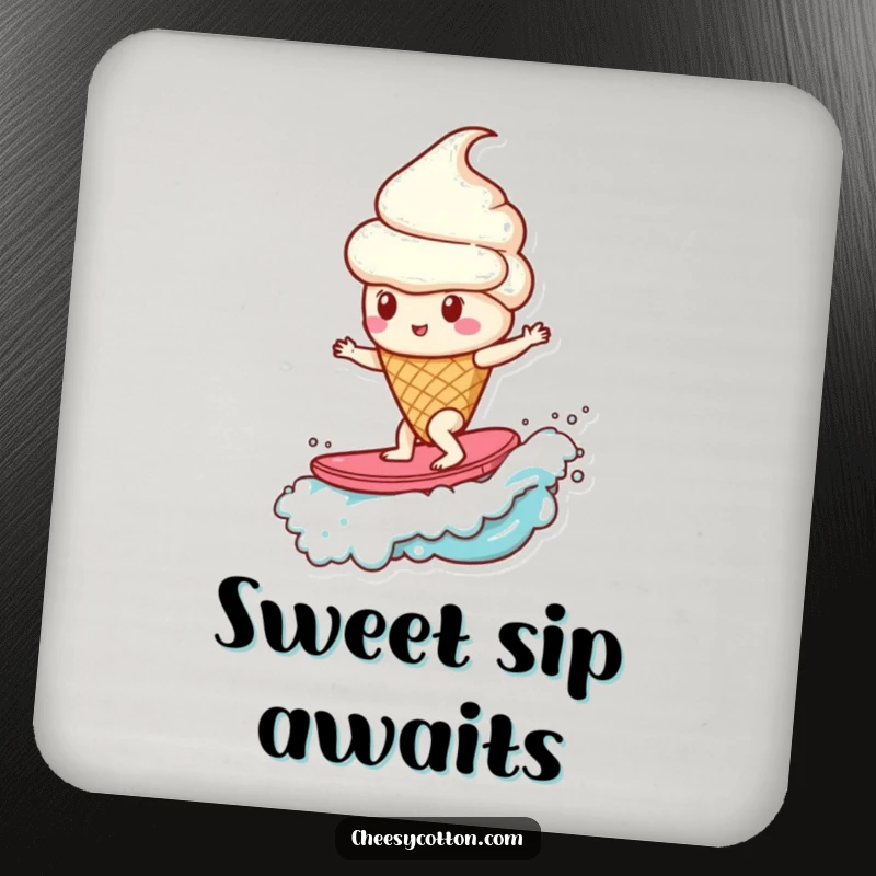 Funny ice cream cone surfing a candy wave, a humorous coaster for drinks and sweet treats.