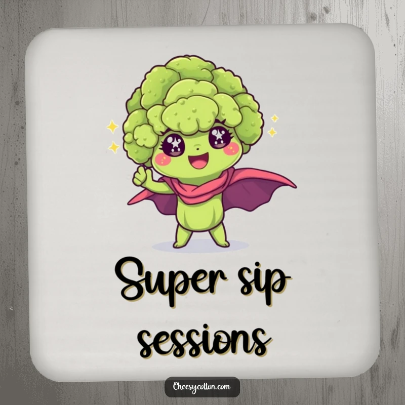 Funny Kawaii Broccoli Coaster: A sparkling broccoli floret in a superhero pose on a coaster, offering heroic protection.