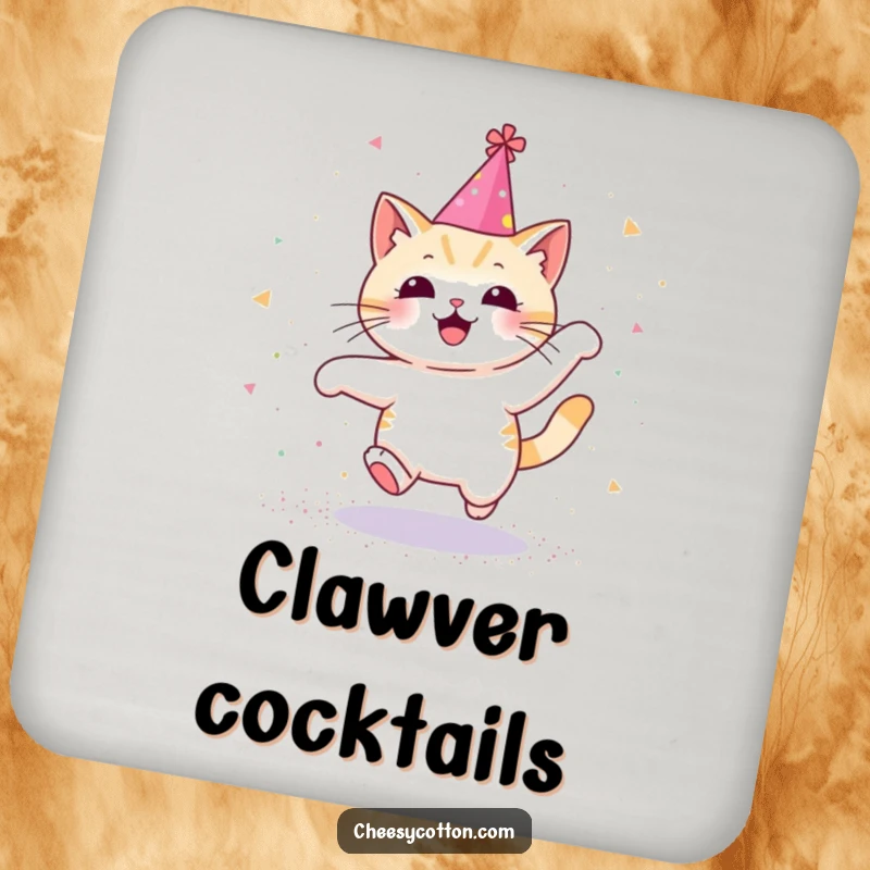 Funny drink coaster with a Kawaii cat in a party hat, joyfully leaping through glitter, adding festive sparkle.