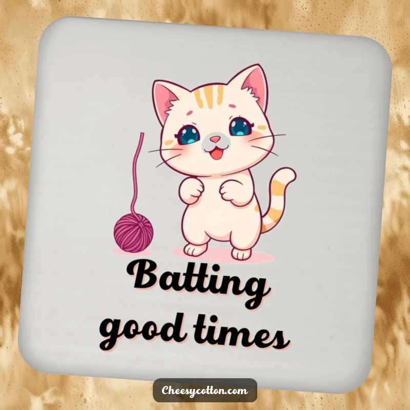 Funny Drink Coaster featuring a cute kawaii cat character playfully swatting a dangling yarn ball, adding a touch of whimsy.
