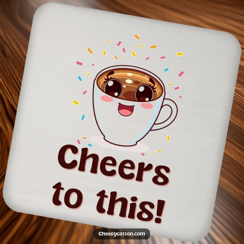 Funny excited kawaii coffee cup cheering with confetti, designed as a protective and fun drink coaster.